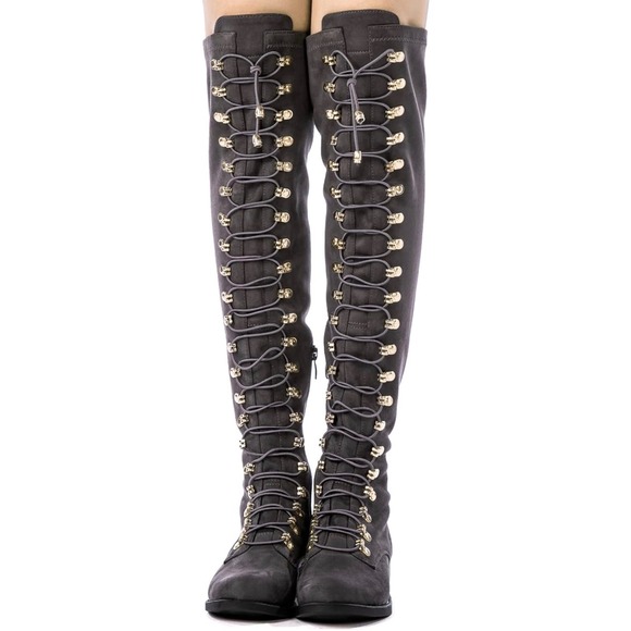 Globalwin Shoes - Globalwin Grey Faux Suede Lace Up Over The Knee Boots 18YY26-4 Womens 5.5 NEW